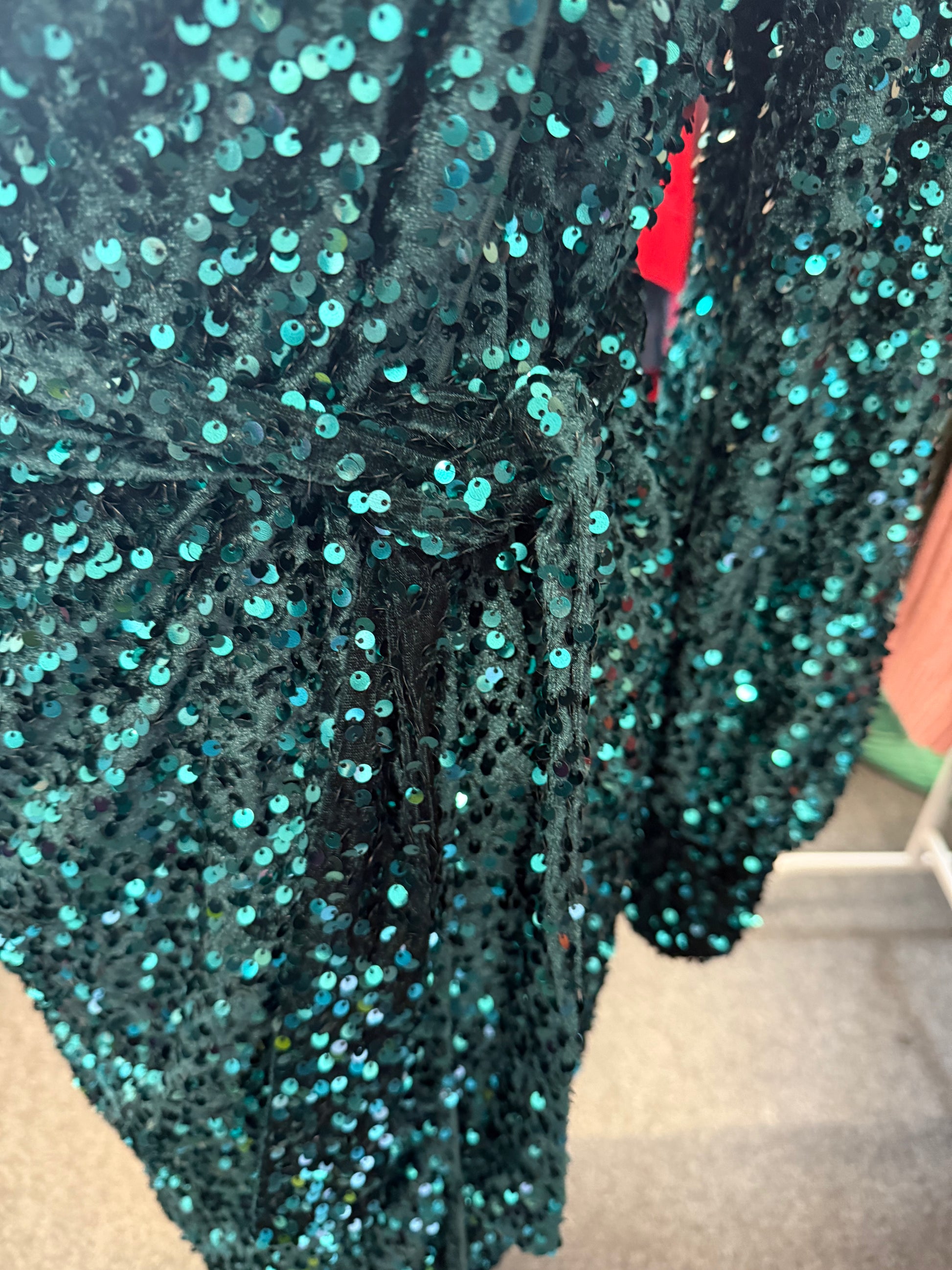 Boohoo green sequin long sleeved tie wrap dress