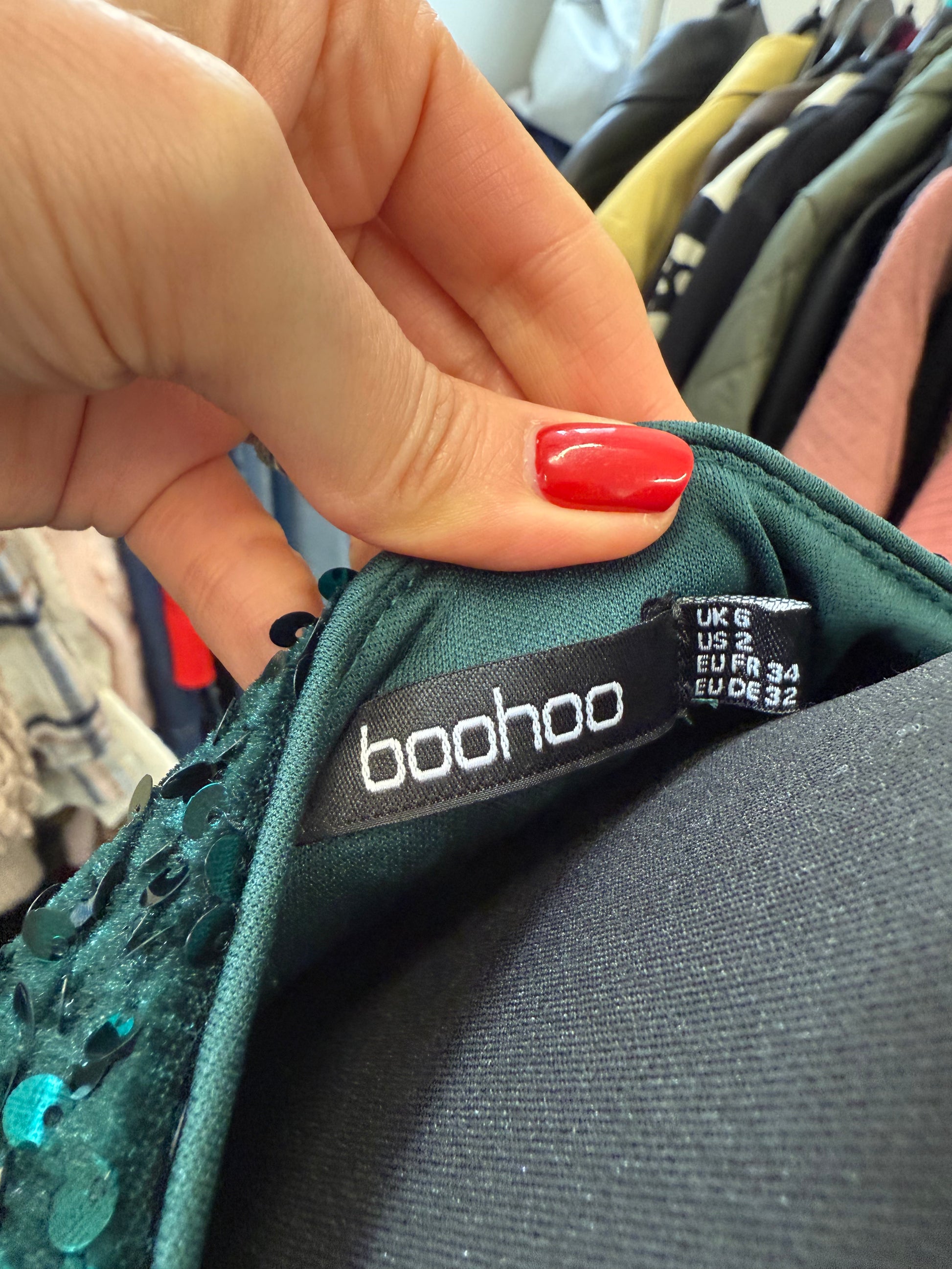 Boohoo green sequin long sleeved tie wrap dress