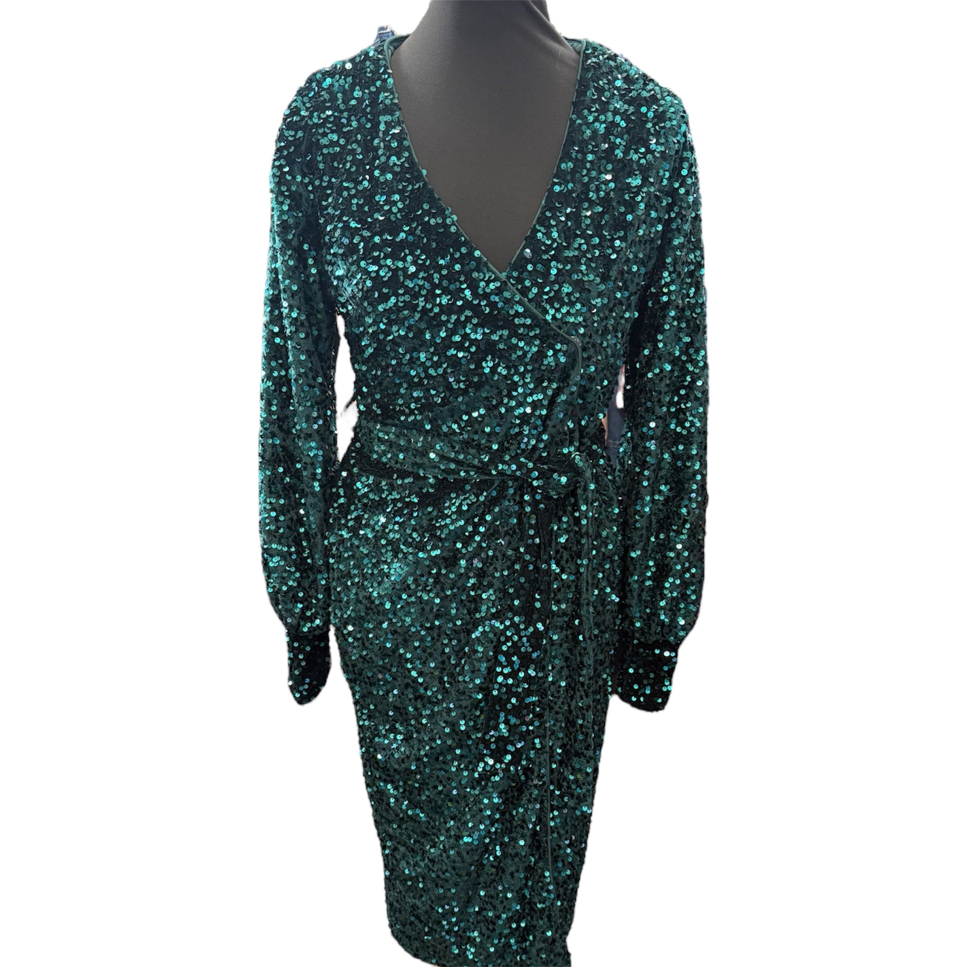 Boohoo green sequin long sleeved tie wrap dress