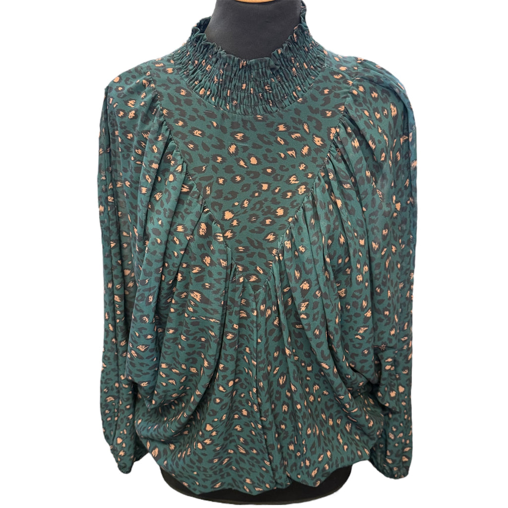 High neck animal print long sleeve blouse