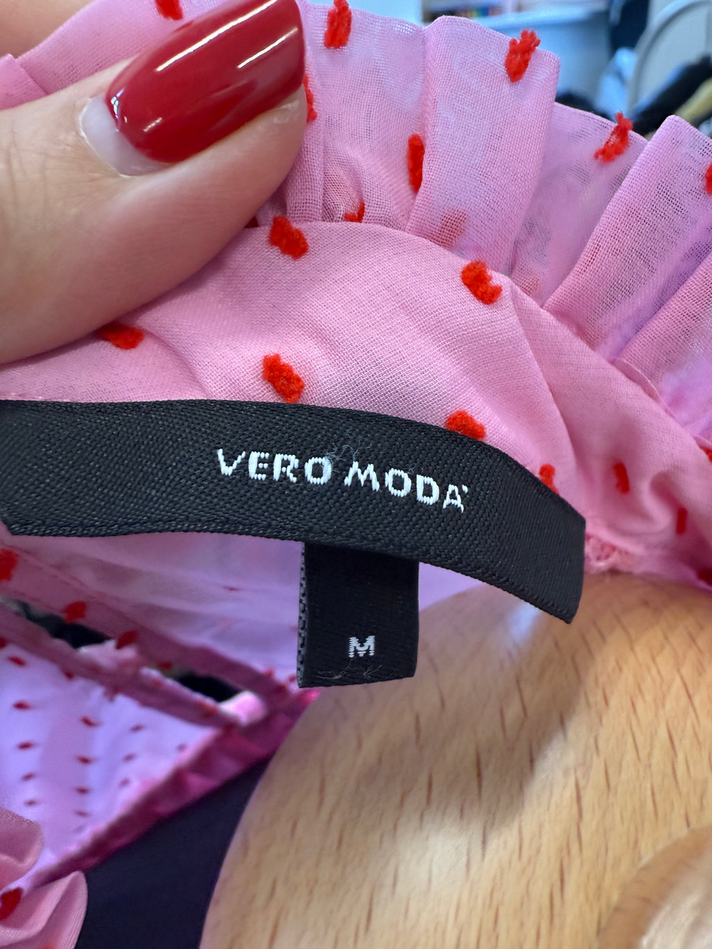 Vero Moda pink and red high neck tie cuff blouse