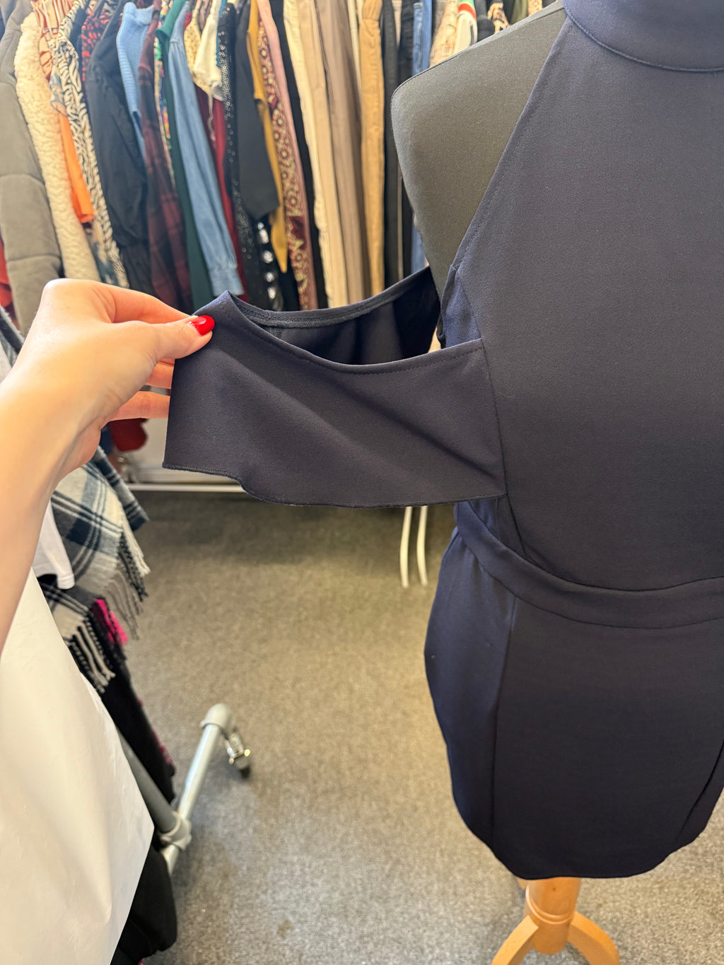 MissGuided navy high neck cold shoulder occasion dress