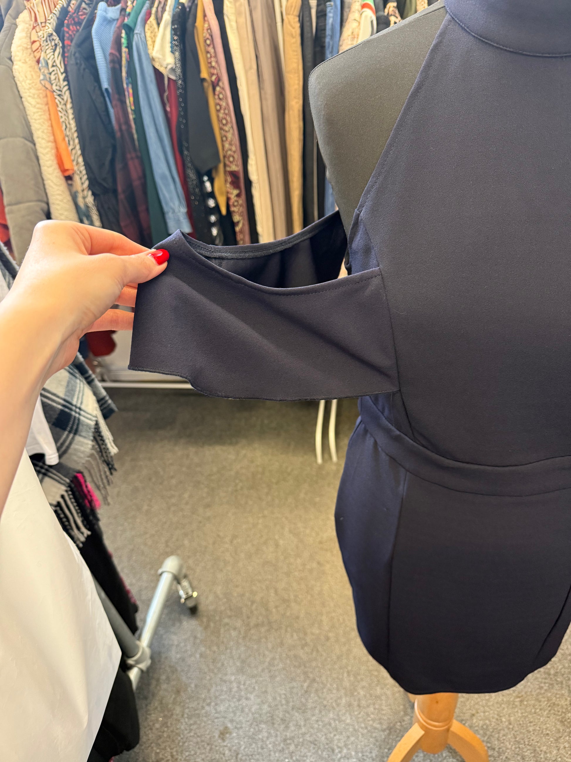 MissGuided navy high neck cold shoulder occasion dress