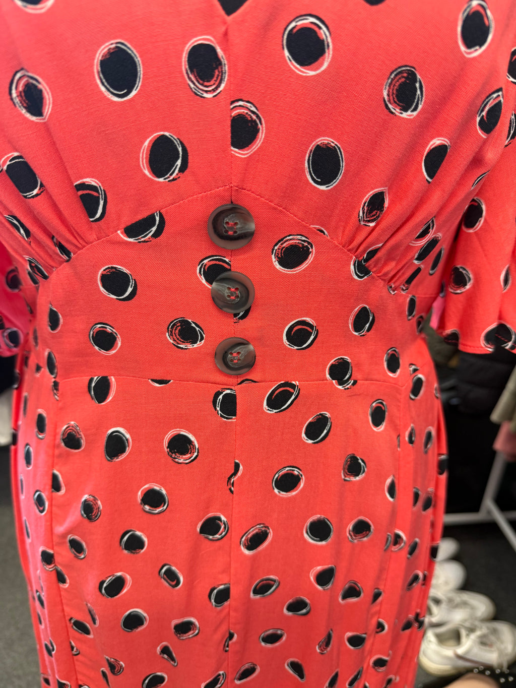 Very pink and black spot button detail midi dress