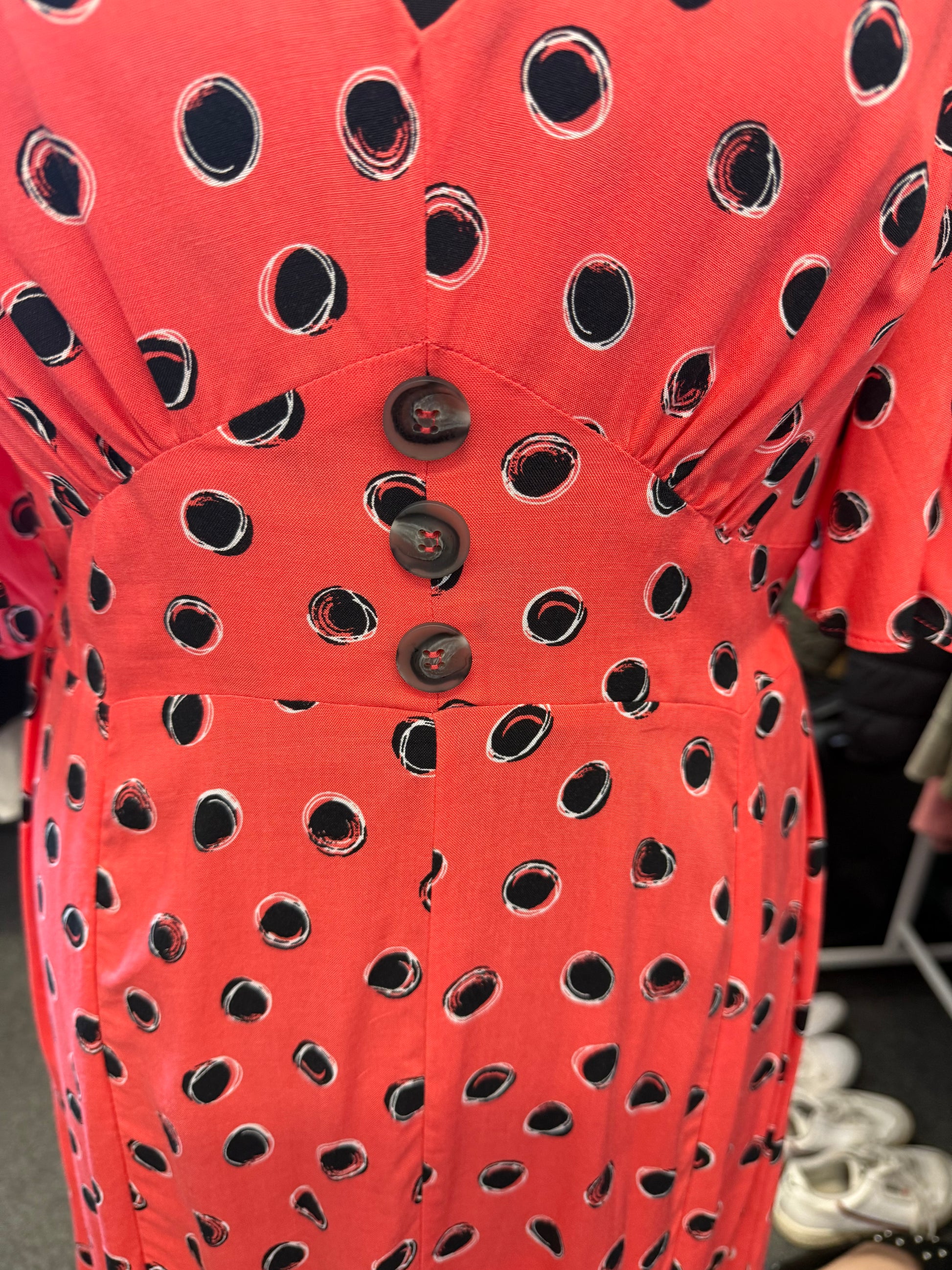 Very pink and black spot button detail midi dress