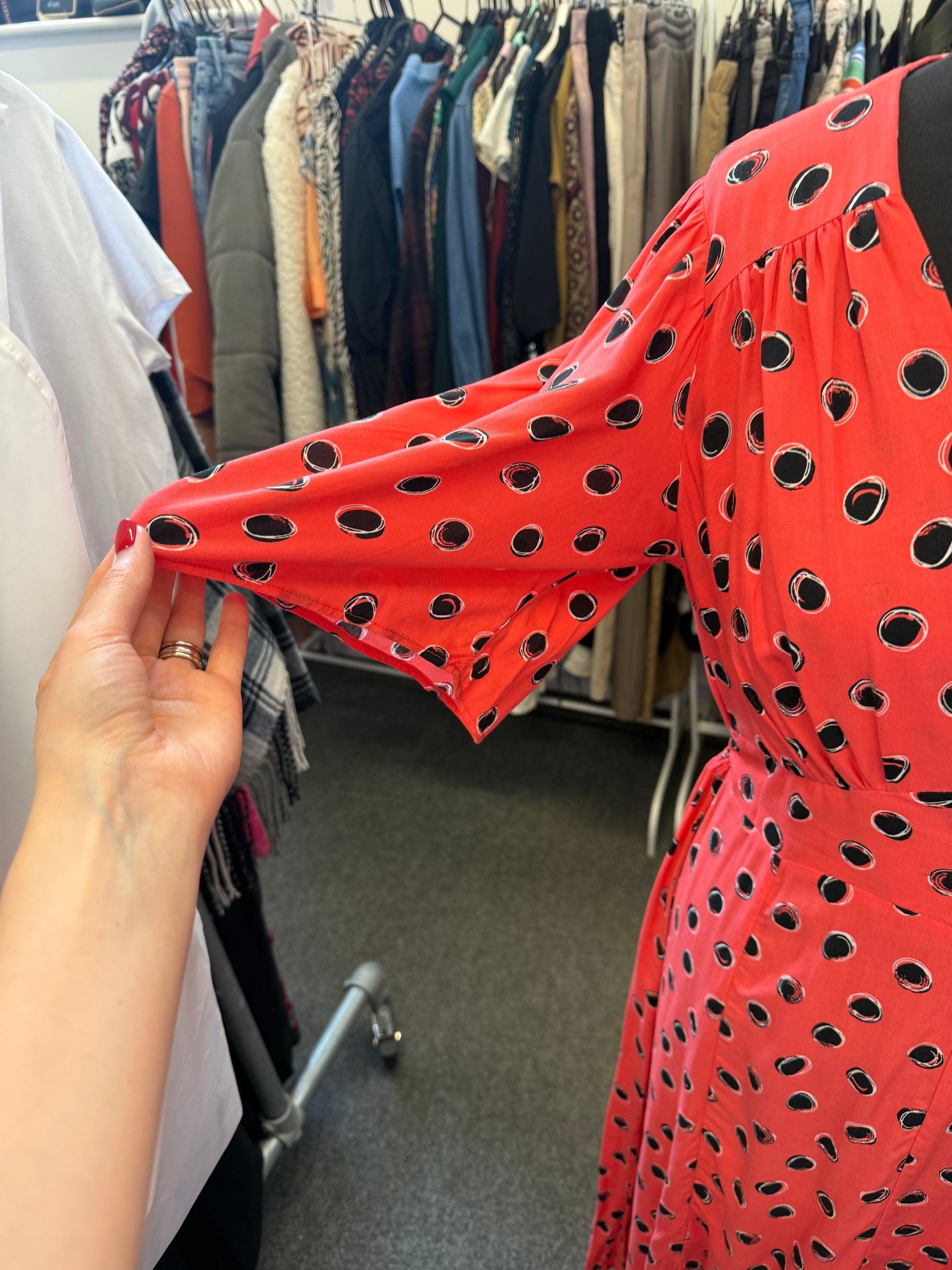 Very pink and black spot button detail midi dress