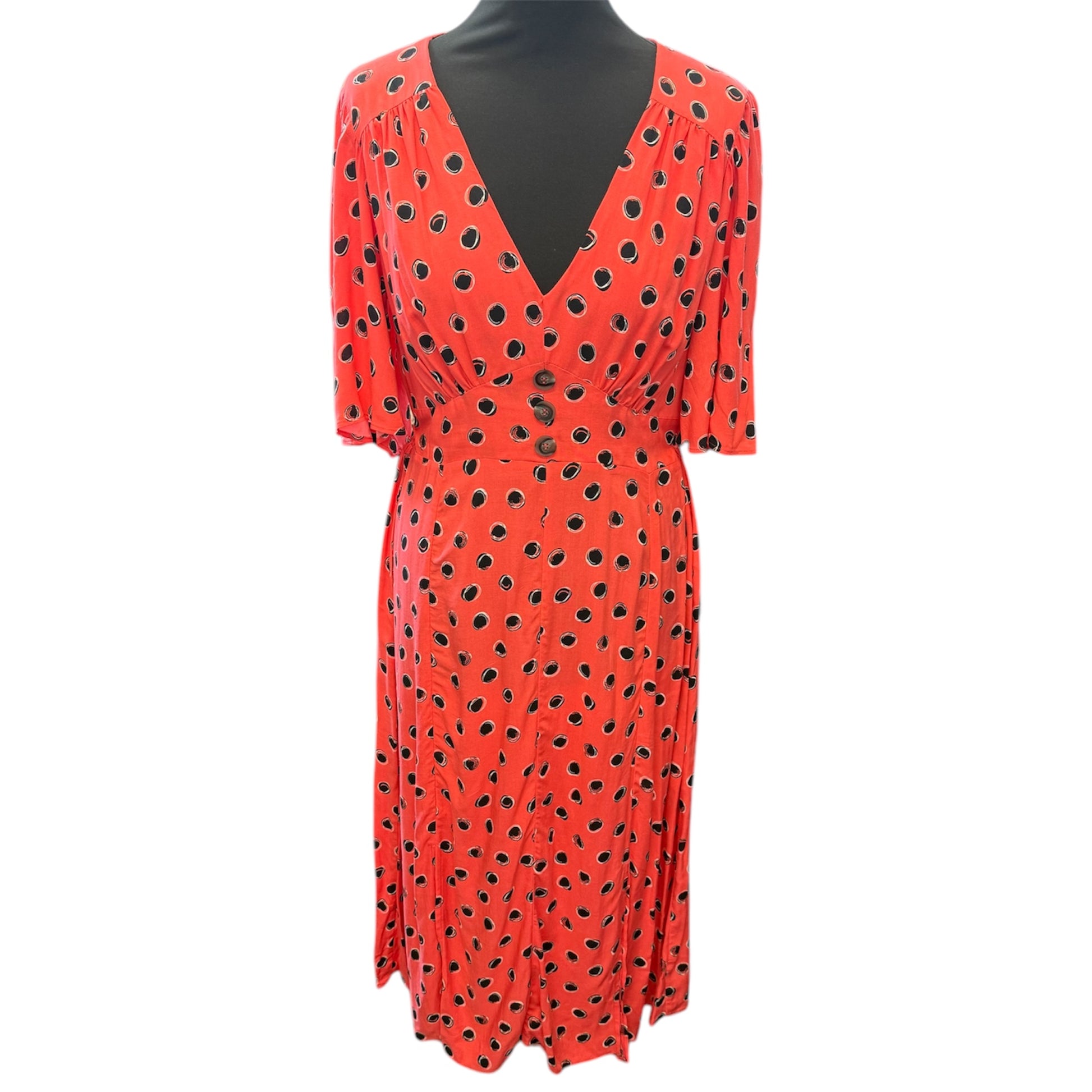 Very pink and black spot button detail midi dress