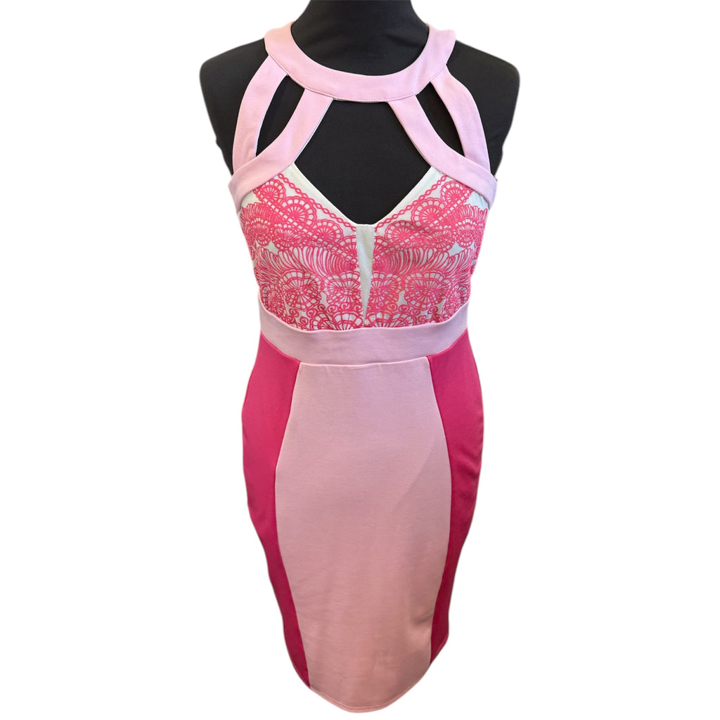 Definitions pink block lace effect bodycon dress