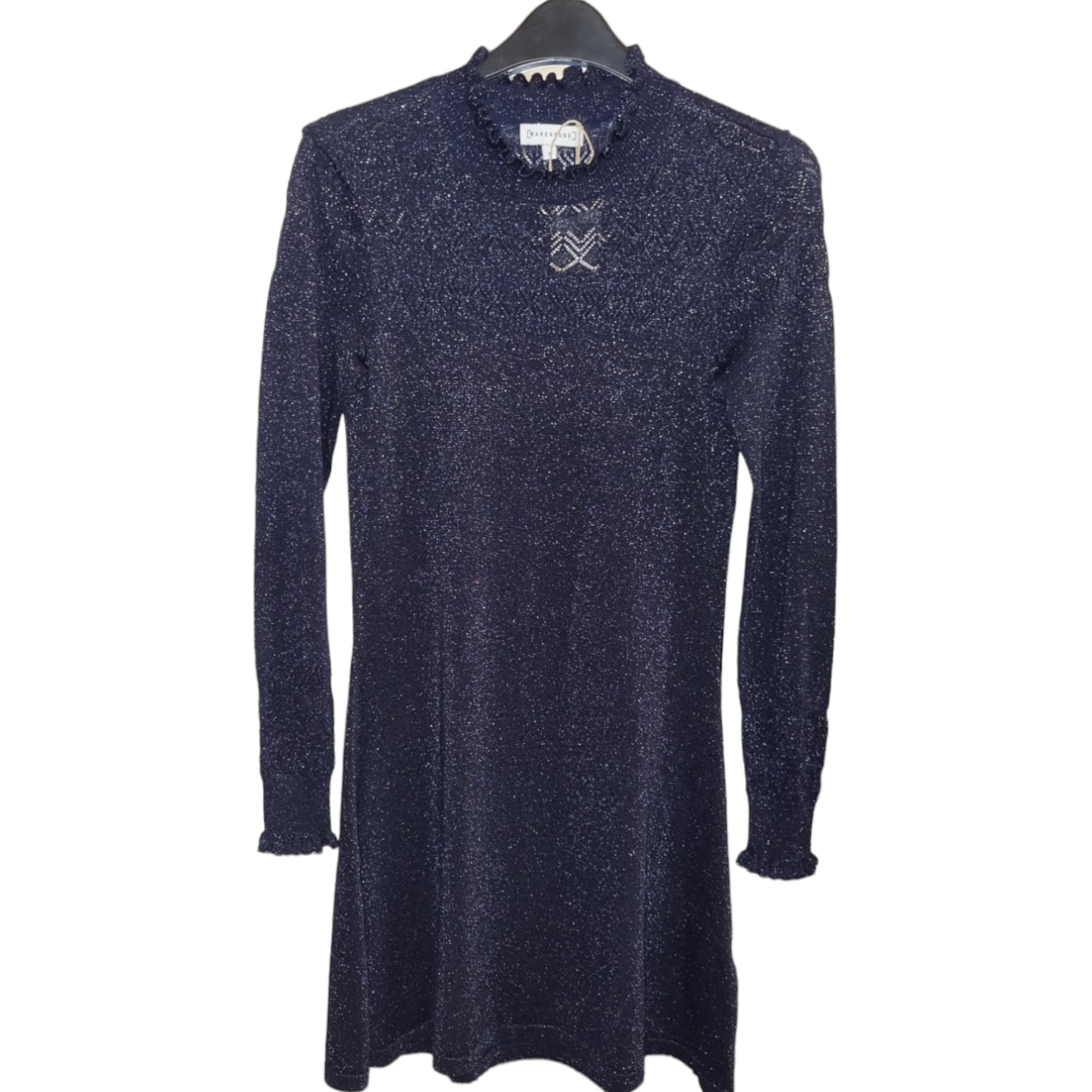 Warehouse Navy Glitter High Neck Knit Dress