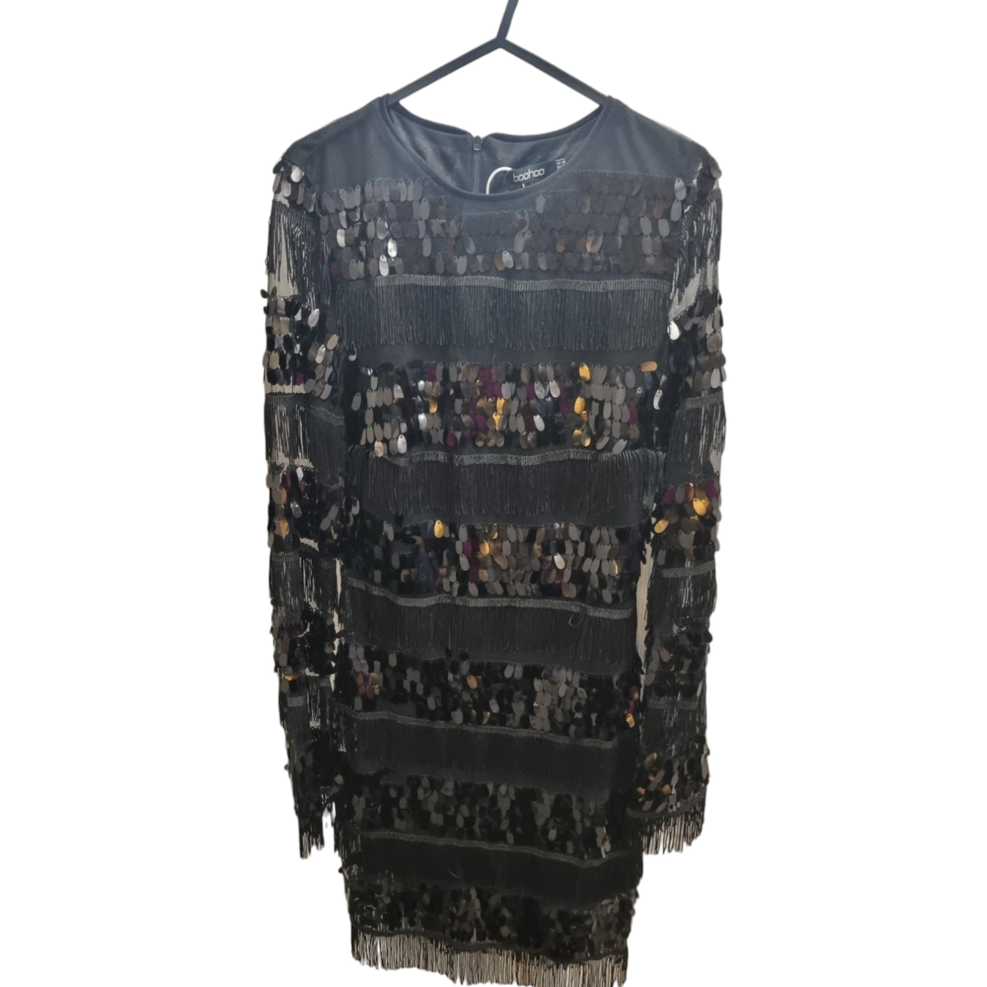 Sequins and Tassel Black Long Sleeved Mini Dress