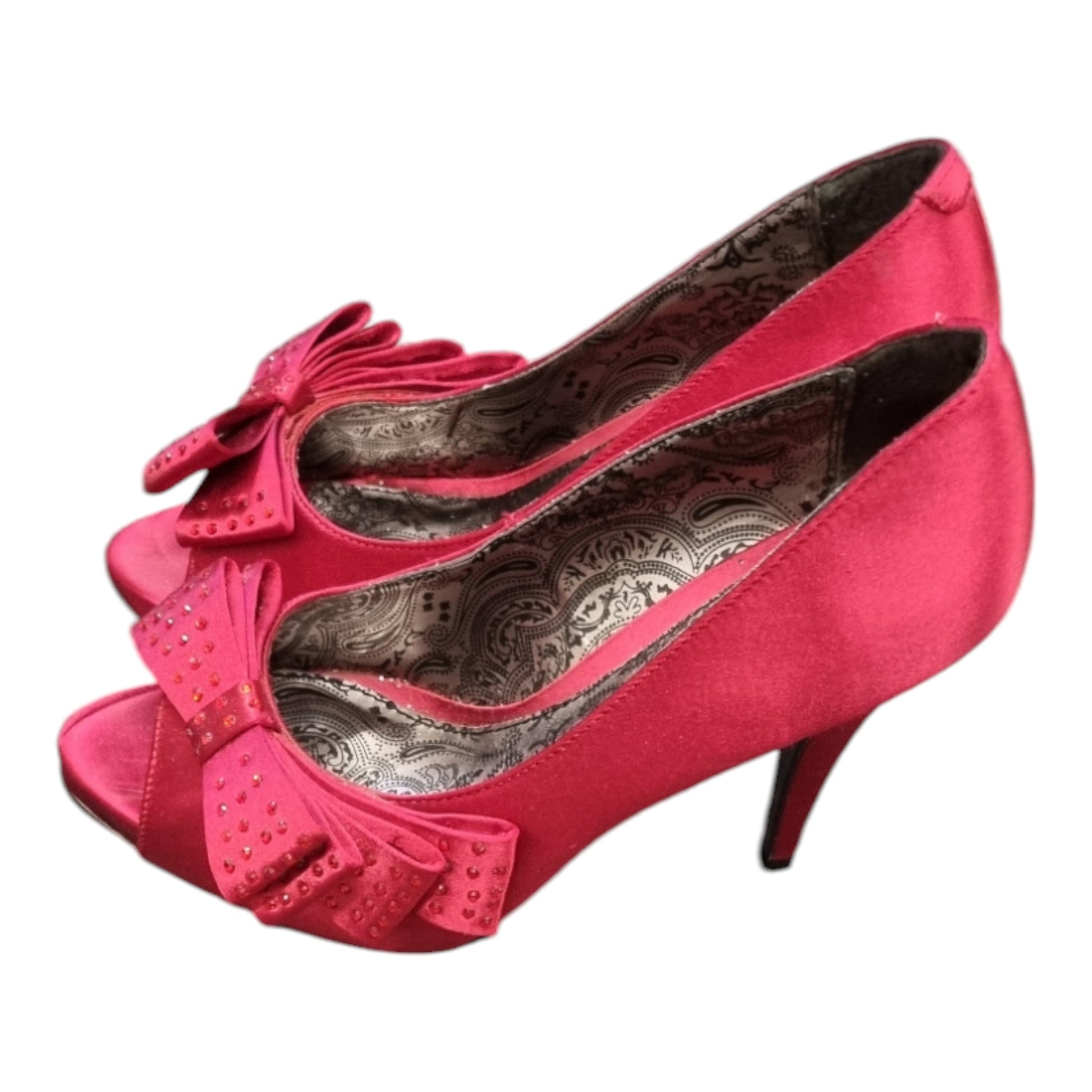 Next red diamanté bow detail peep toe heels