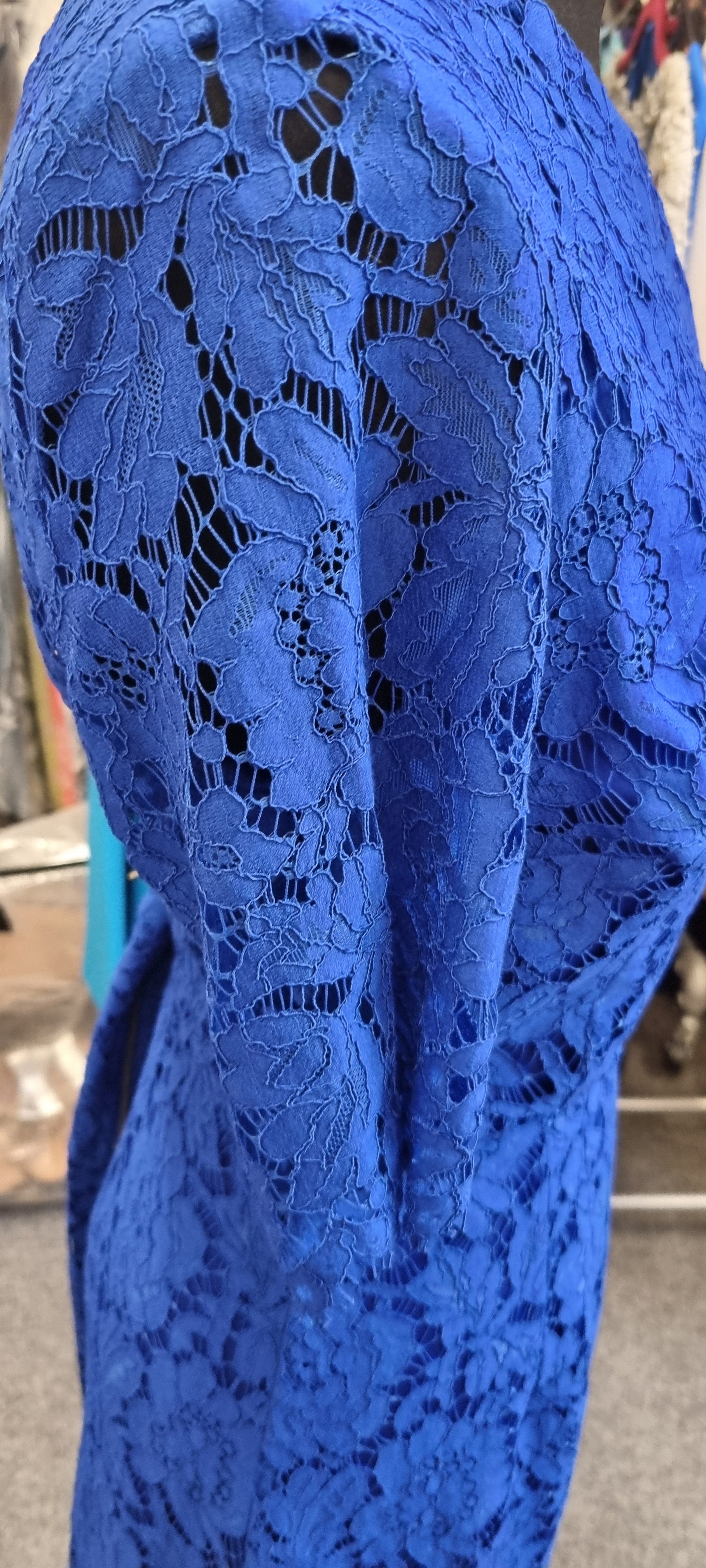M&S blue lace full lined zip knee length dress
