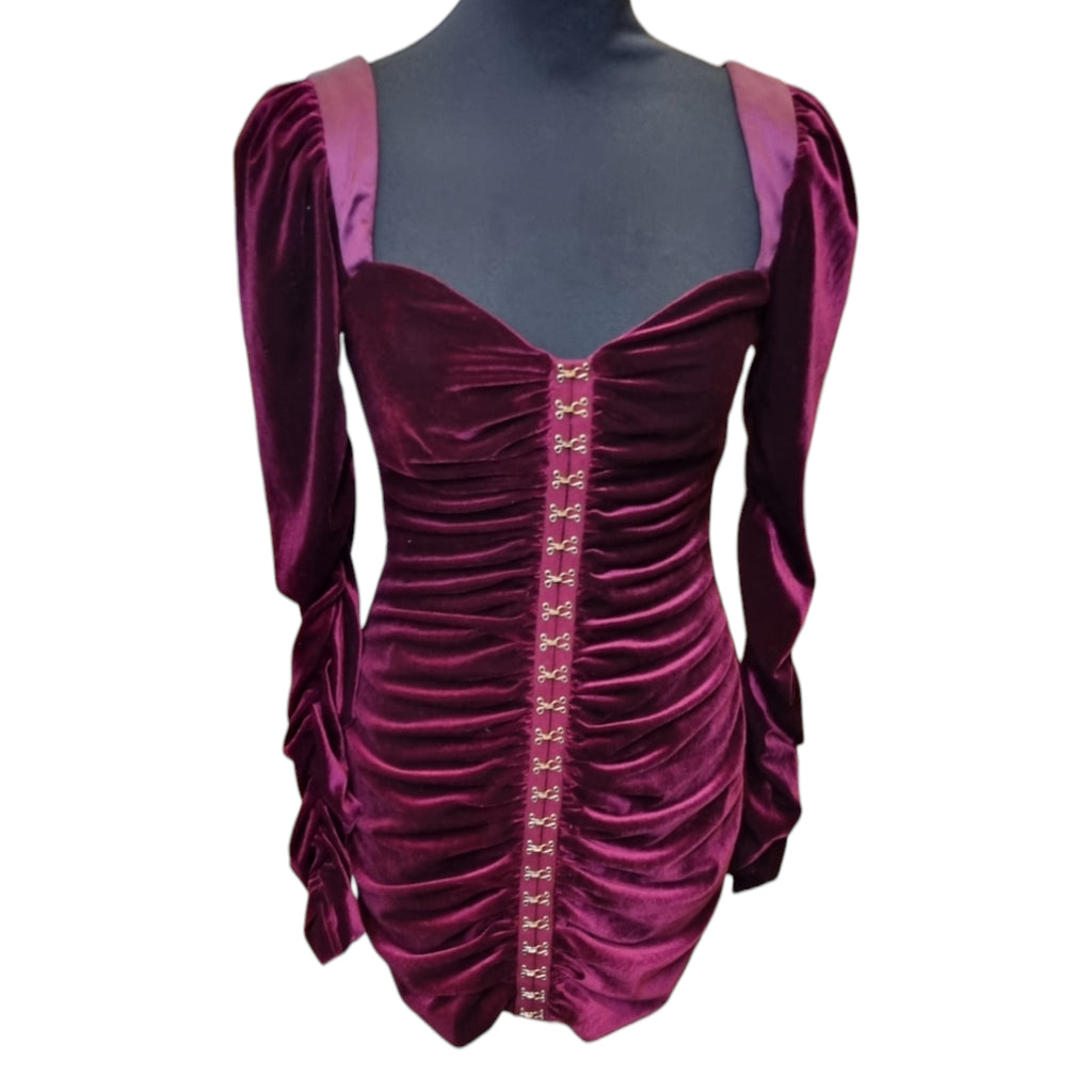 Burgundy velor hook and eye long sleeved mini dress