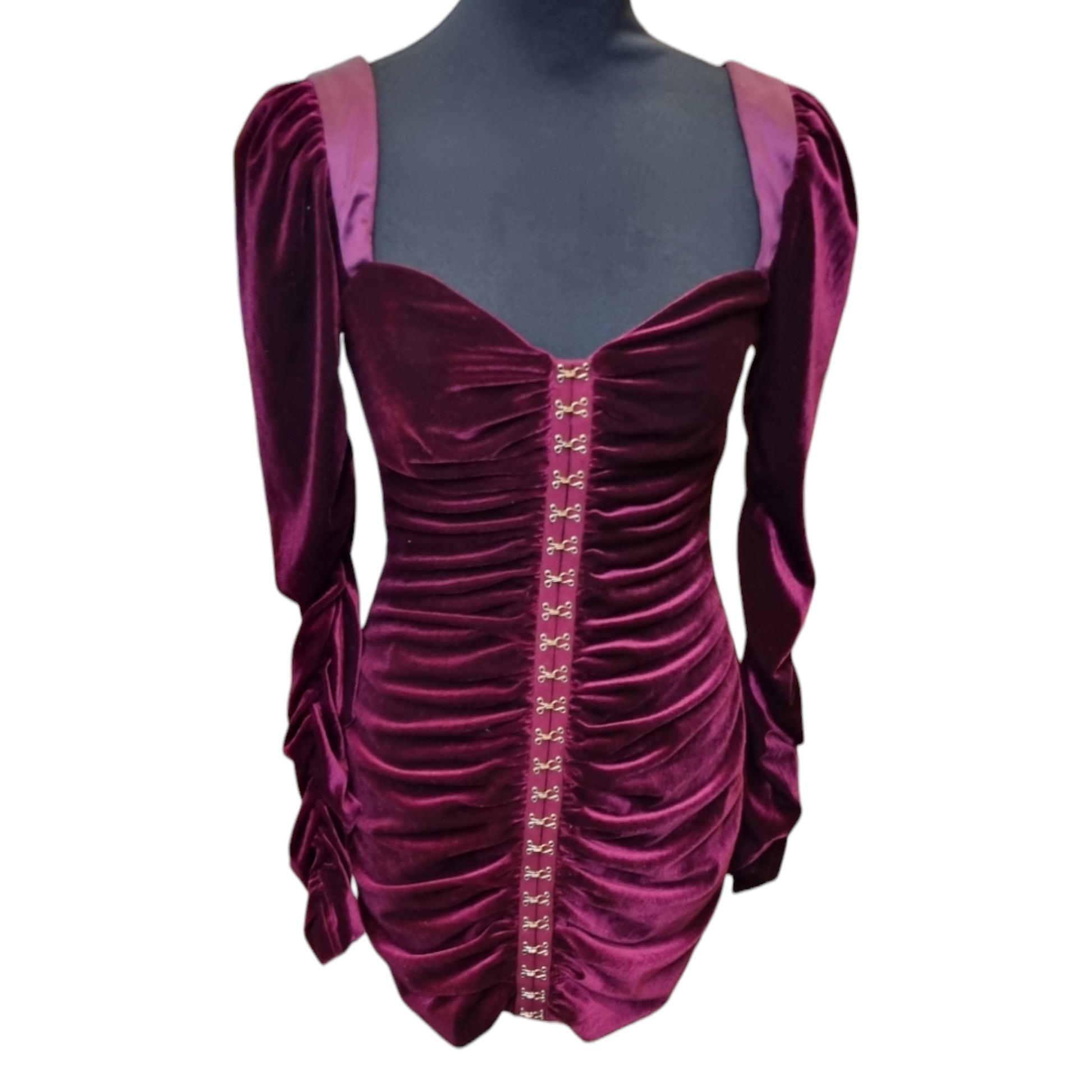 Burgundy velor hook and eye long sleeved mini dress